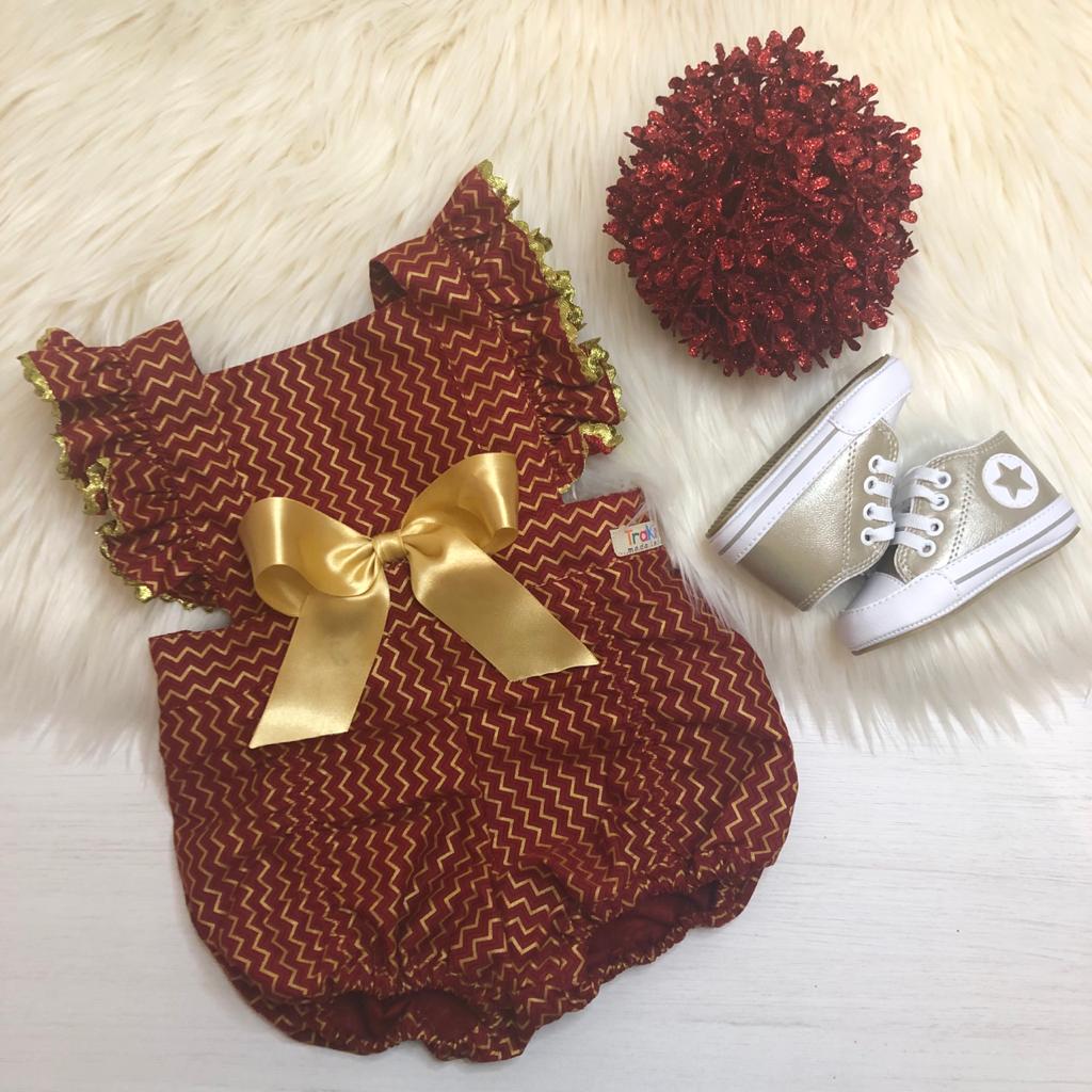 Romper-Short Chevron Dourado Com Vermelho - Especial Natal